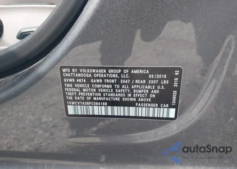 2015 Volkswagen Passat 2.0L Tdi Sel Premium из США, поврежденный, VIN 1VWCV7A35FC084188